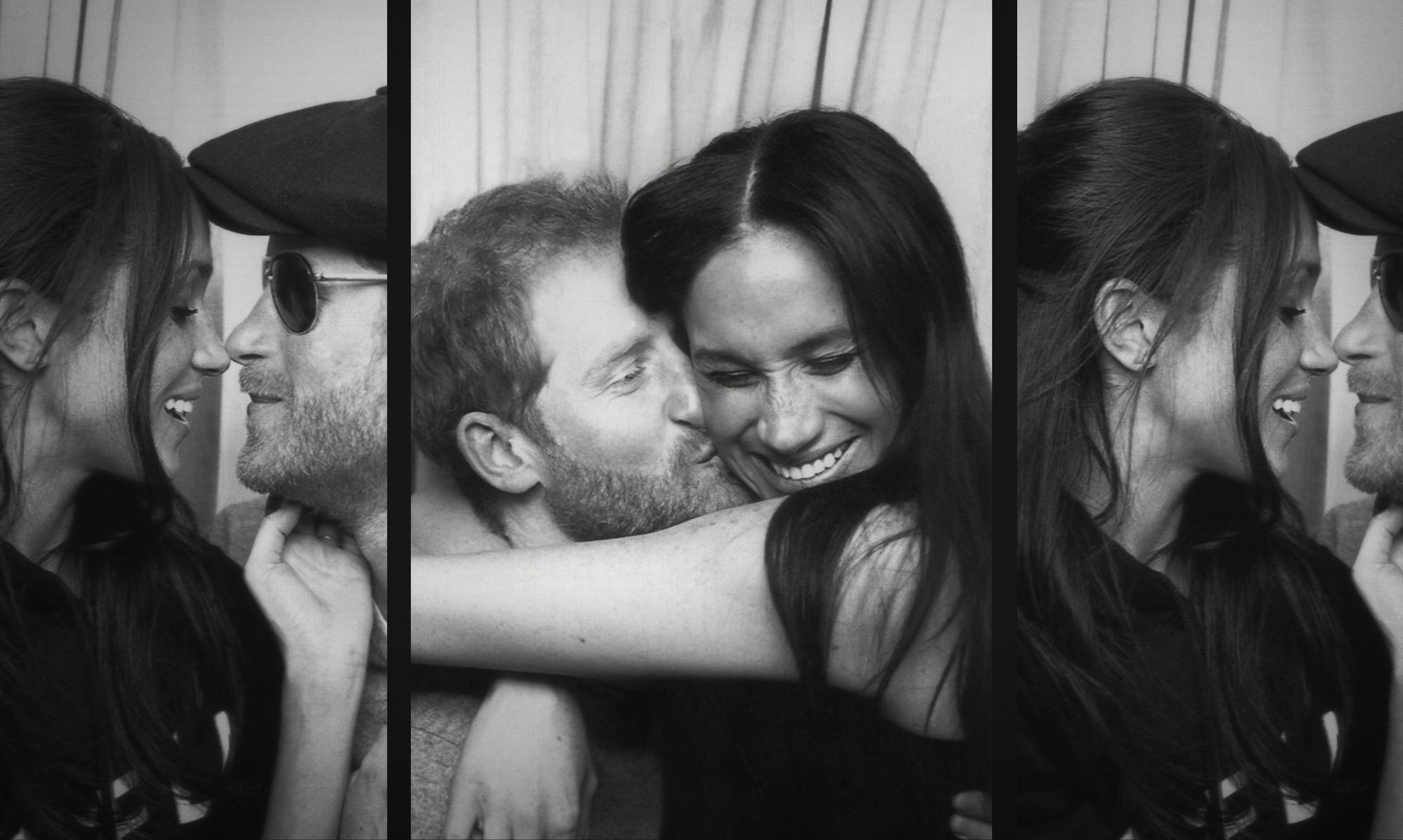 Prinz Harry und Herzogin Meghan in einer Szene der Dokumentation „Harry & Meghan“. Auf drei Bildern liegen sie sich in den Armen und sind kurz davor, sich zu küssen.