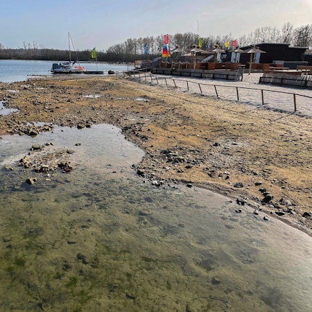 Das Seeufer des Zülpicher Sees. Das Wasser steht einige Meter von der eigentlichen Brüstung entfernt, was zeigt, wie stark der Spiegel des Sees sinkt.