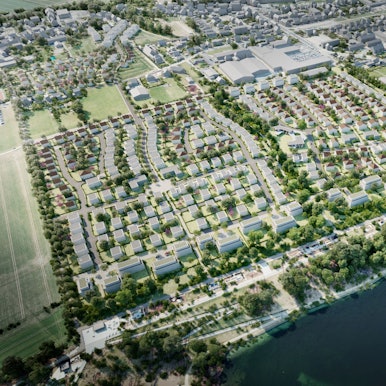 Eine Visualisierung der Zülpicher Seeterrassen zeigt reihenweise weiße Gebäude am Seeufer, wo bisher Freifläche liegt.