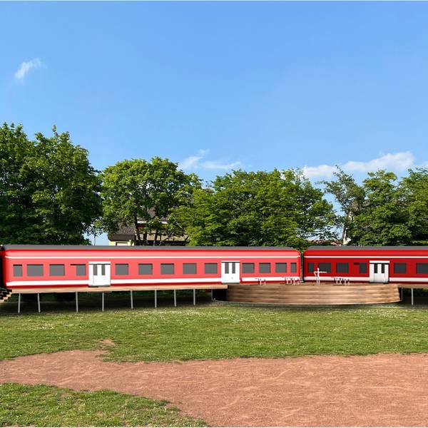 Ein Entwurf der ausrangierten Eisenbahnwaggons, die in Siegburg-Brückberg aufgestellt werden sollten.