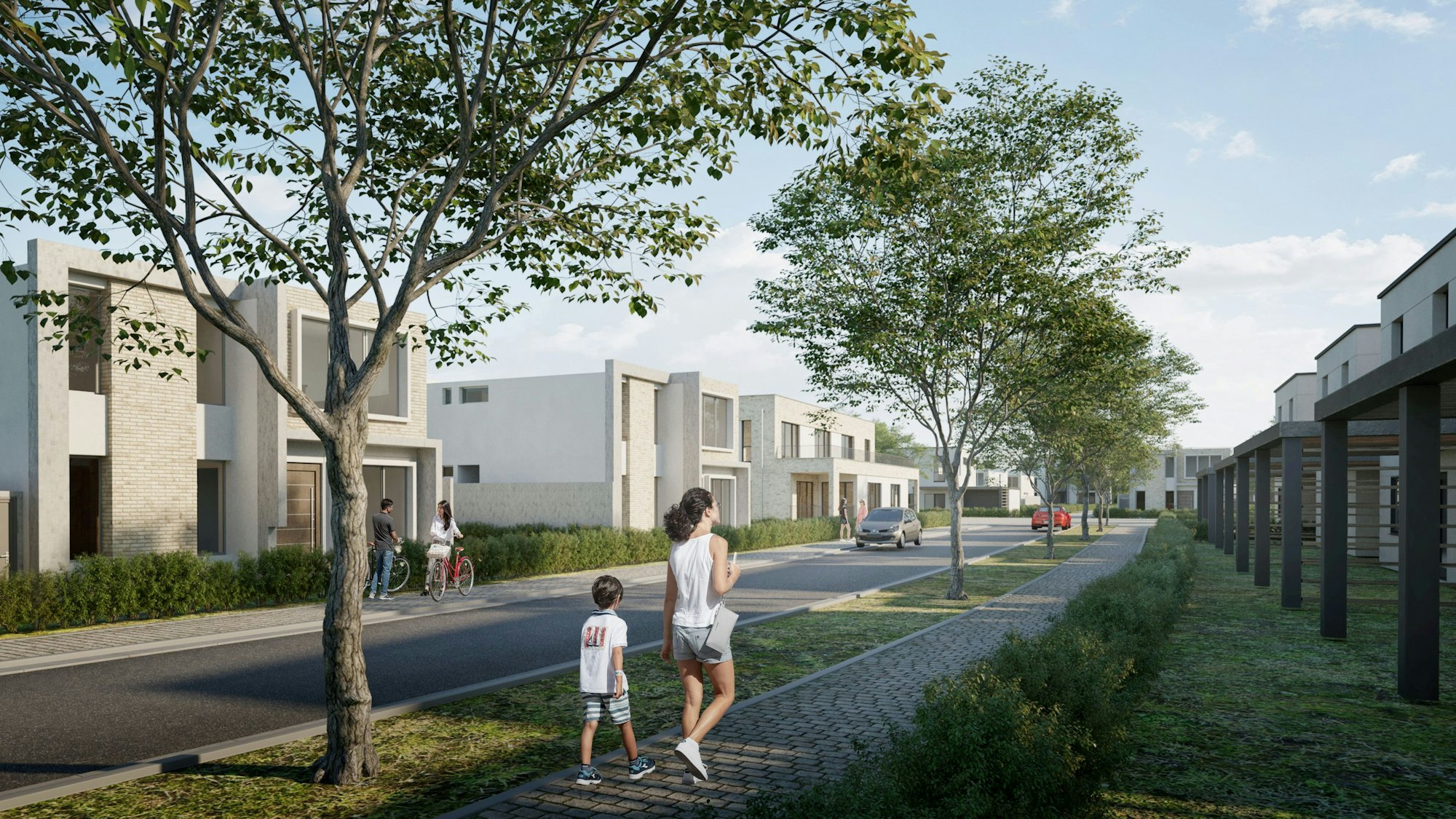 In einer Visualisierung des Baugebiets „Seeterrassen“ laufen zwei Kinder über einen gepflasterten Weg.