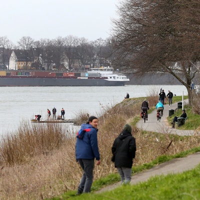 Das Bild zeigt das Rheinufer in Köln-Stammheim mit Spaziergängern und Fahrradfahrern.