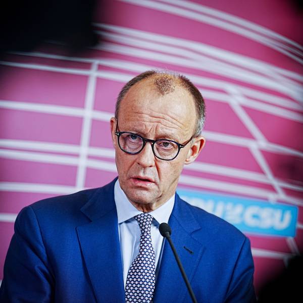 Unionsfraktionsvorsitzender Friedrich Merz bei einem Pressestatement.