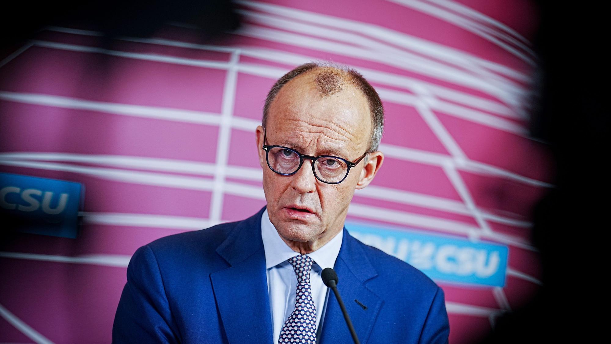 Unionsfraktionsvorsitzender Friedrich Merz bei einem Pressestatement.