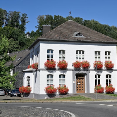 Hinter dem Odenthaler Rathaus stehen Bäume.