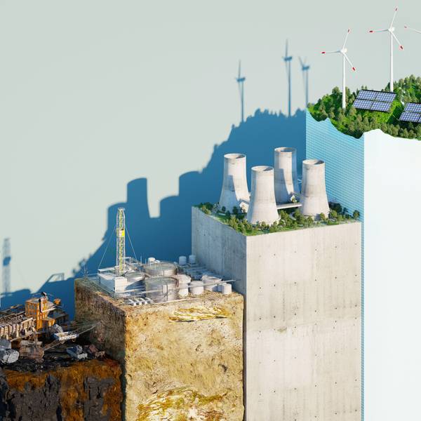 Auf einer Treppe sind die verschiedenen Stufen der Energiewende zu sehen, von der klimaschädlichsten Kohle bis hin zu Erneuerbaren Energien.