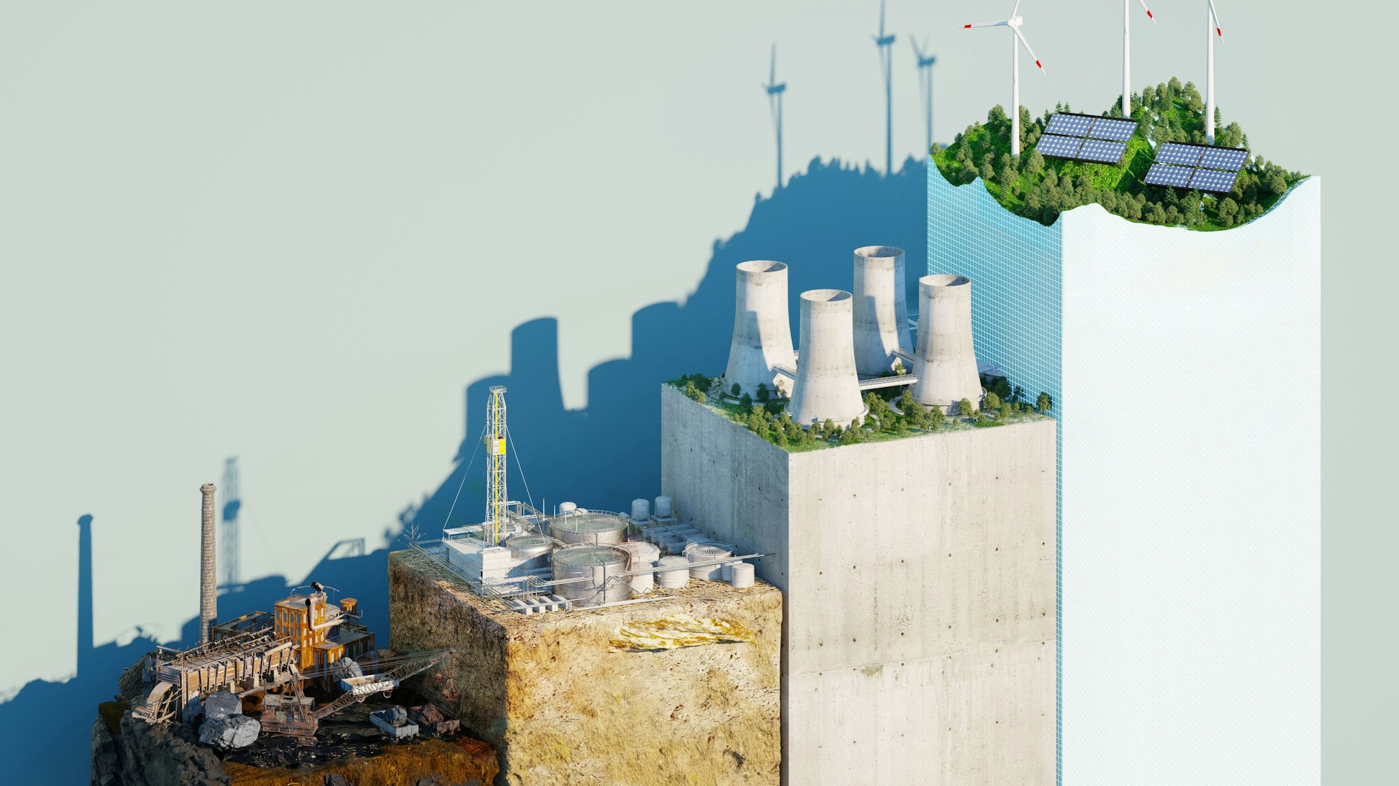 Auf einer Treppe sind die verschiedenen Stufen der Energiewende zu sehen, von der klimaschädlichsten Kohle bis hin zu Erneuerbaren Energien.