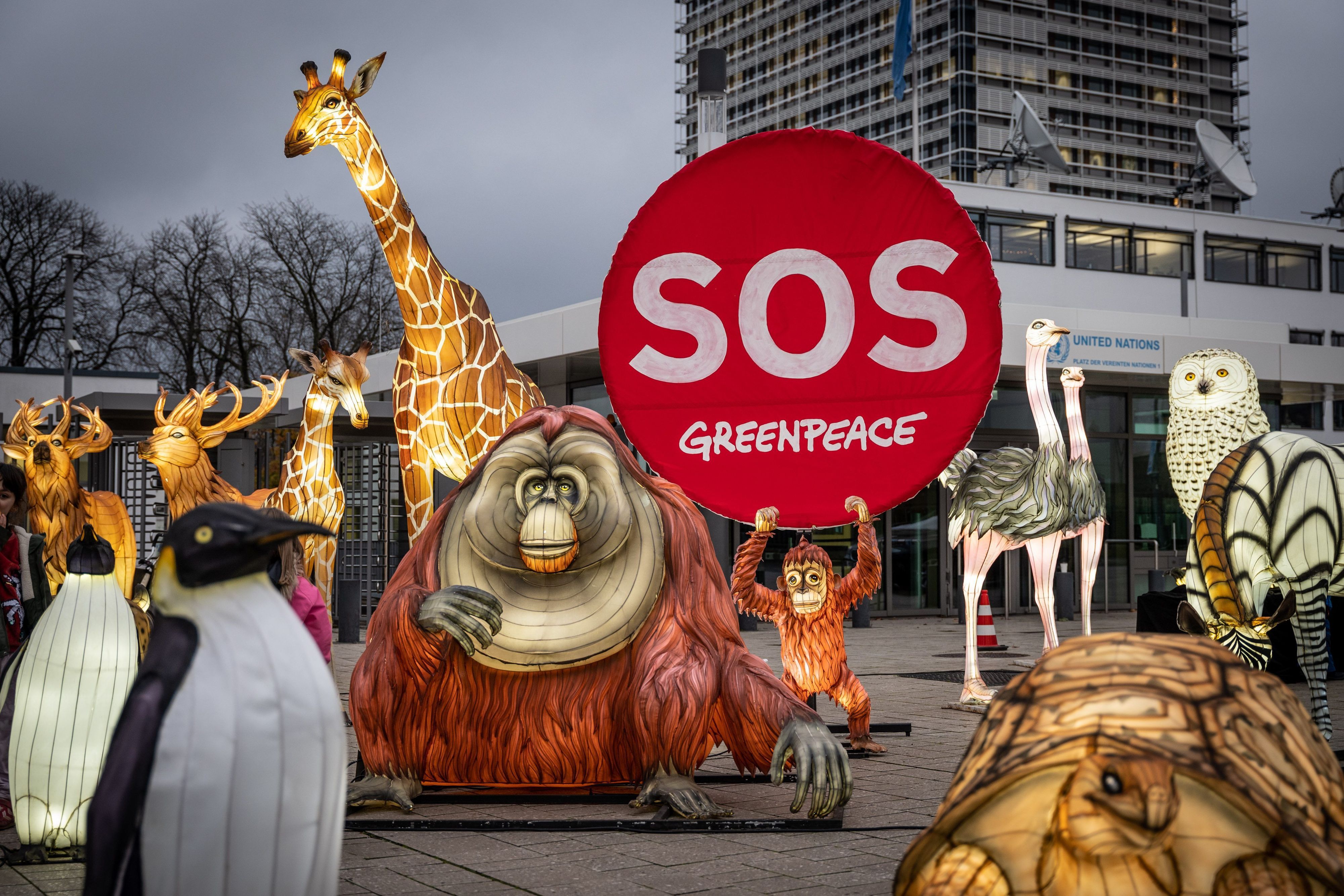 Die Umweltorganisation Greenpeace hat in Bonn mit lebensgroßen illuminierten Tierfiguren für besseren Naturschutz demonstriert. (Symbolbild)