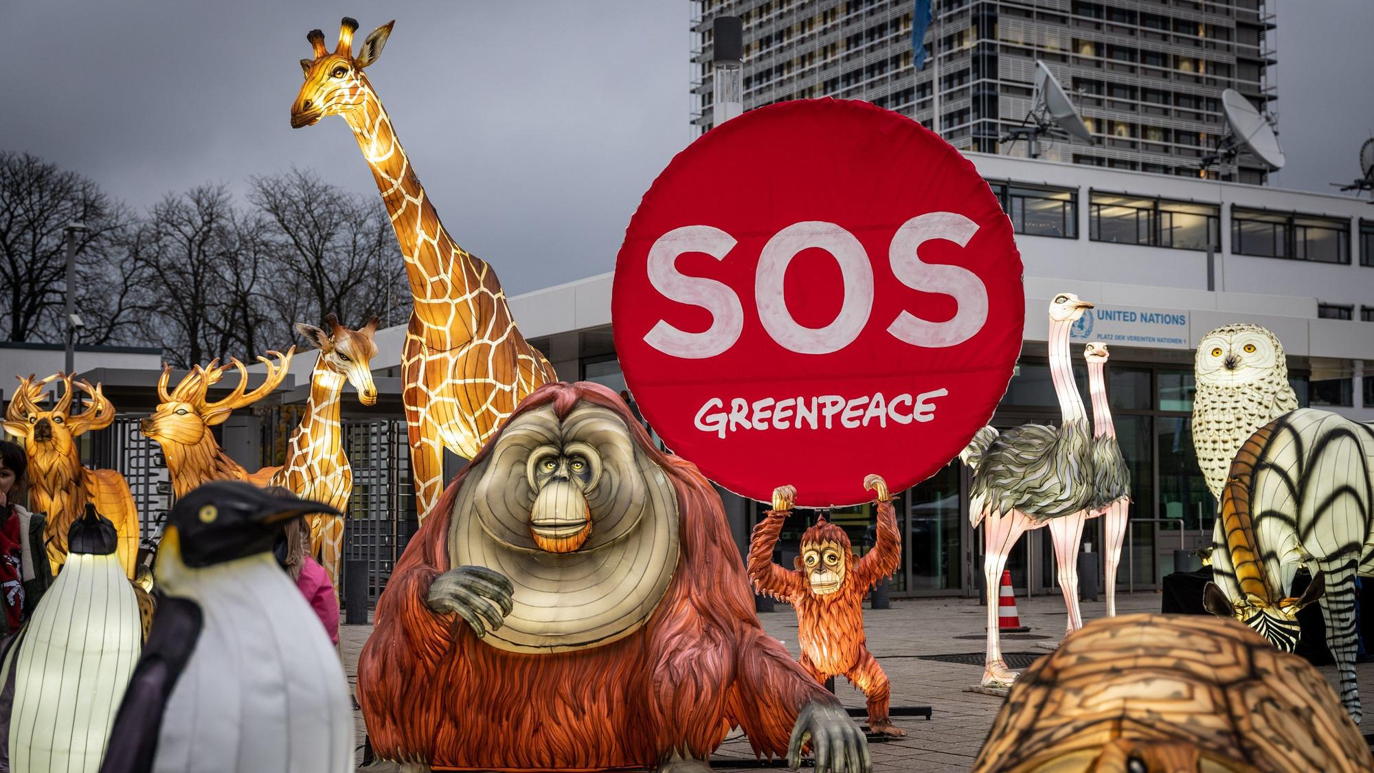 Die Umweltorganisation Greenpeace hat in Bonn mit lebensgroßen illuminierten Tierfiguren für besseren Naturschutz demonstriert. (Symbolbild)
