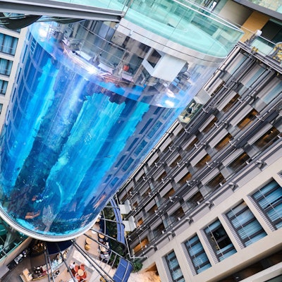 Der „AquaDom“ in Berlin ist das größte frei stehende Aquarium. Die blaue Wassersäule ist umringt von Hotelzimmern.