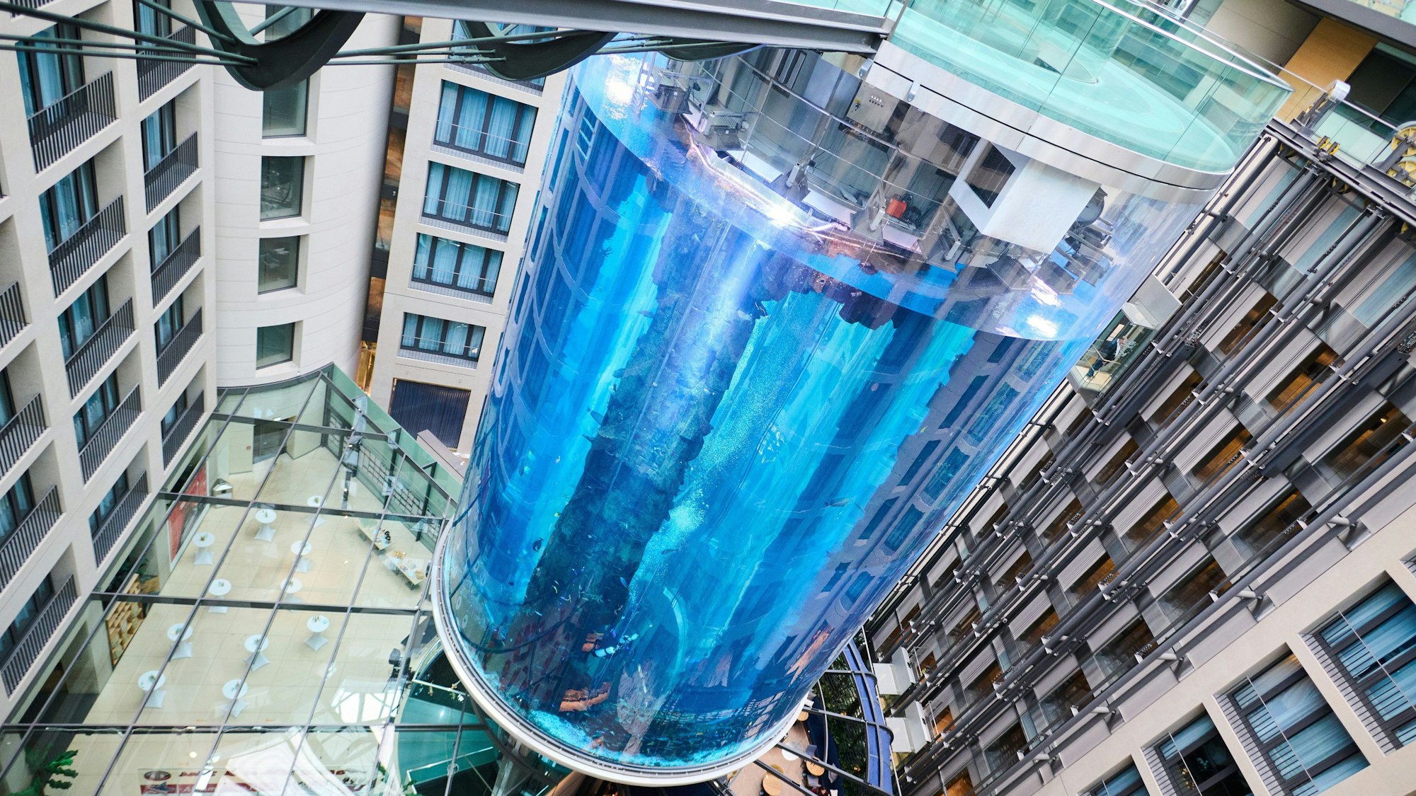 Der AquaDom im Hotel „Domaquarée“. Das riesige Aquarium in einem Hotel ist das größte frei stehende Aquarium der Welt, in dem ein echtes Korallenriff angelegt ist.