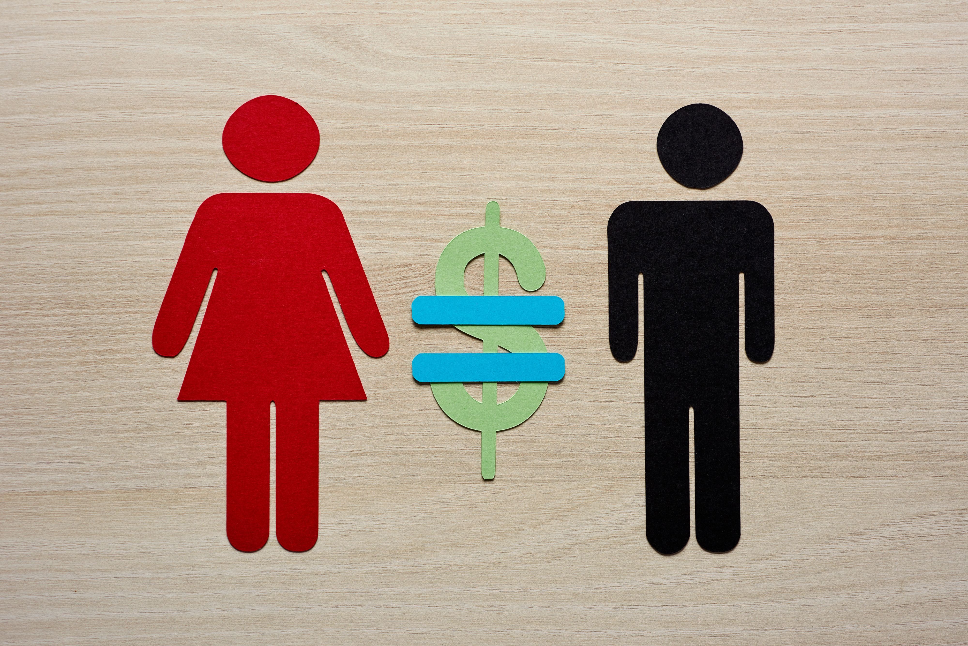Frauensymbol und Männersymbol mit einem Gleichheitszeichen und einem Dollarzeichen dazwischen, die den Anspruch des Konzepts „Gleicher Lohn für gleiche Arbeit“ verdeutlichen