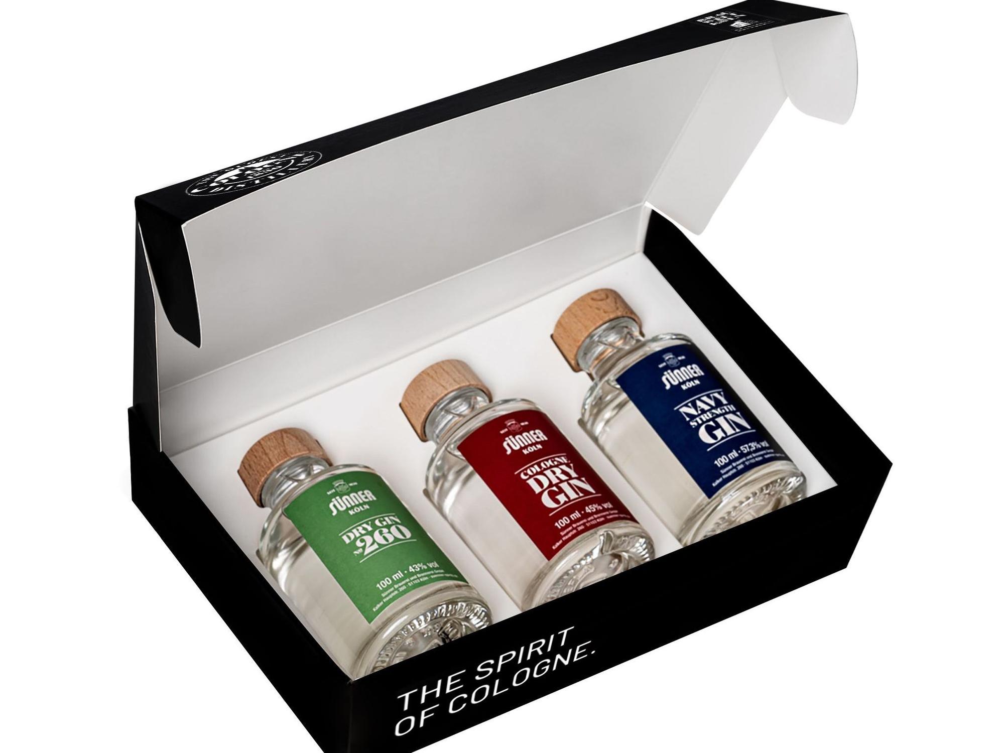 Die kölsche Gin-Box von Sünner beinhaltet drei verschiedene Gin-Sorten aus dem Hause Sünner.