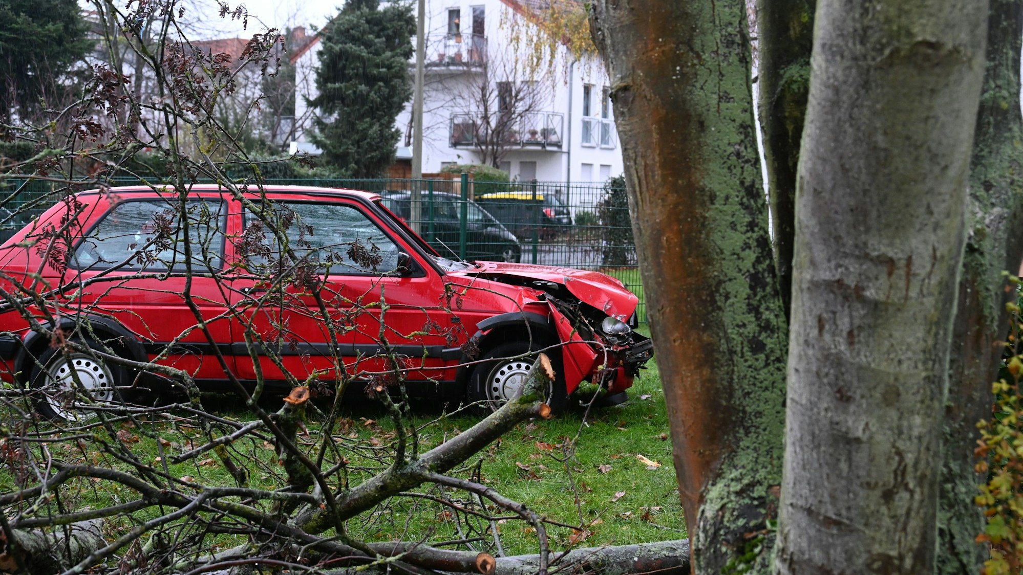 Das Unfallauto fuhr im Garten in Erftstadt-Liblar gegen einen Baum.