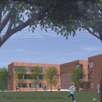 Die Visualisierung zeigt mehrere Gebäudekomplexe aus roten Steinen mit großen Fenstern.