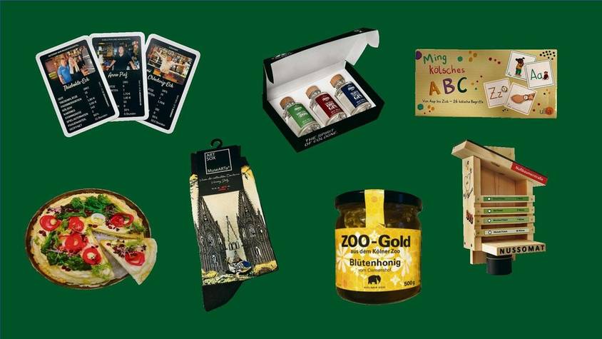 Die Collage zeigt die Geschenkideen aus der Redaktion: Ein Kartenspiel, Schnaps, das kölsche ABC, Socken oder kölscher Honig.