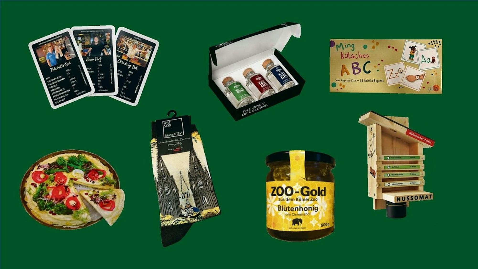 Die Collage zeigt die Geschenkideen aus der Redaktion: Ein Kartenspiel, Schnaps, das kölsche ABC, Socken oder kölscher Honig.