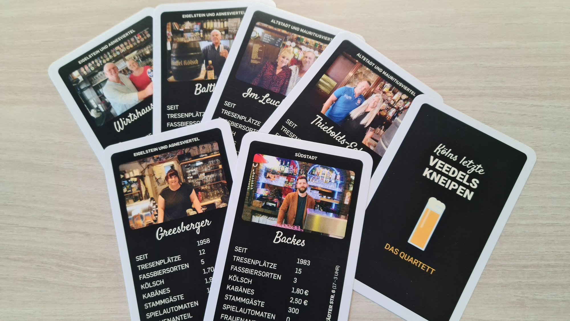 Sechs Spielkarten mit Fotos der Wirte und das Deckblatt des Quartetts sind zu sehen.