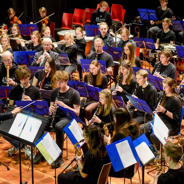 Die Musikschüler sitzen im Halbkreis und spielen ein Konzert.