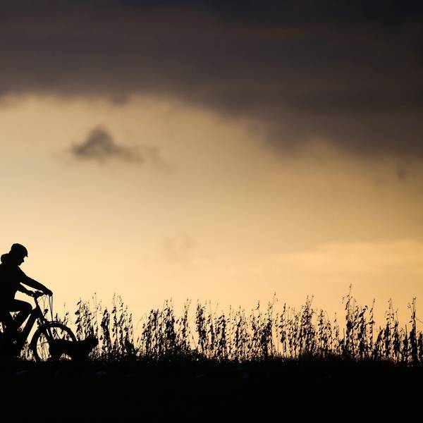 Eine Radfahrerin ist am Morgen nach Sonnenaufgang mit ihrem Hund unterwegs, während im Hintergrund dunkle Regenwolken aufziehen.