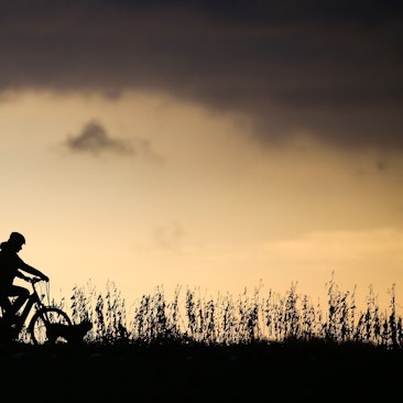 Eine Radfahrerin ist am Morgen nach Sonnenaufgang mit ihrem Hund unterwegs, während im Hintergrund dunkle Regenwolken aufziehen.