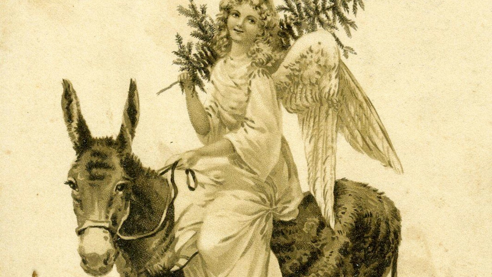 Ein auf einem Esel reitenden Engelchen schultert als Postkartenmotiv einen kleinen Weihnachtsbaum