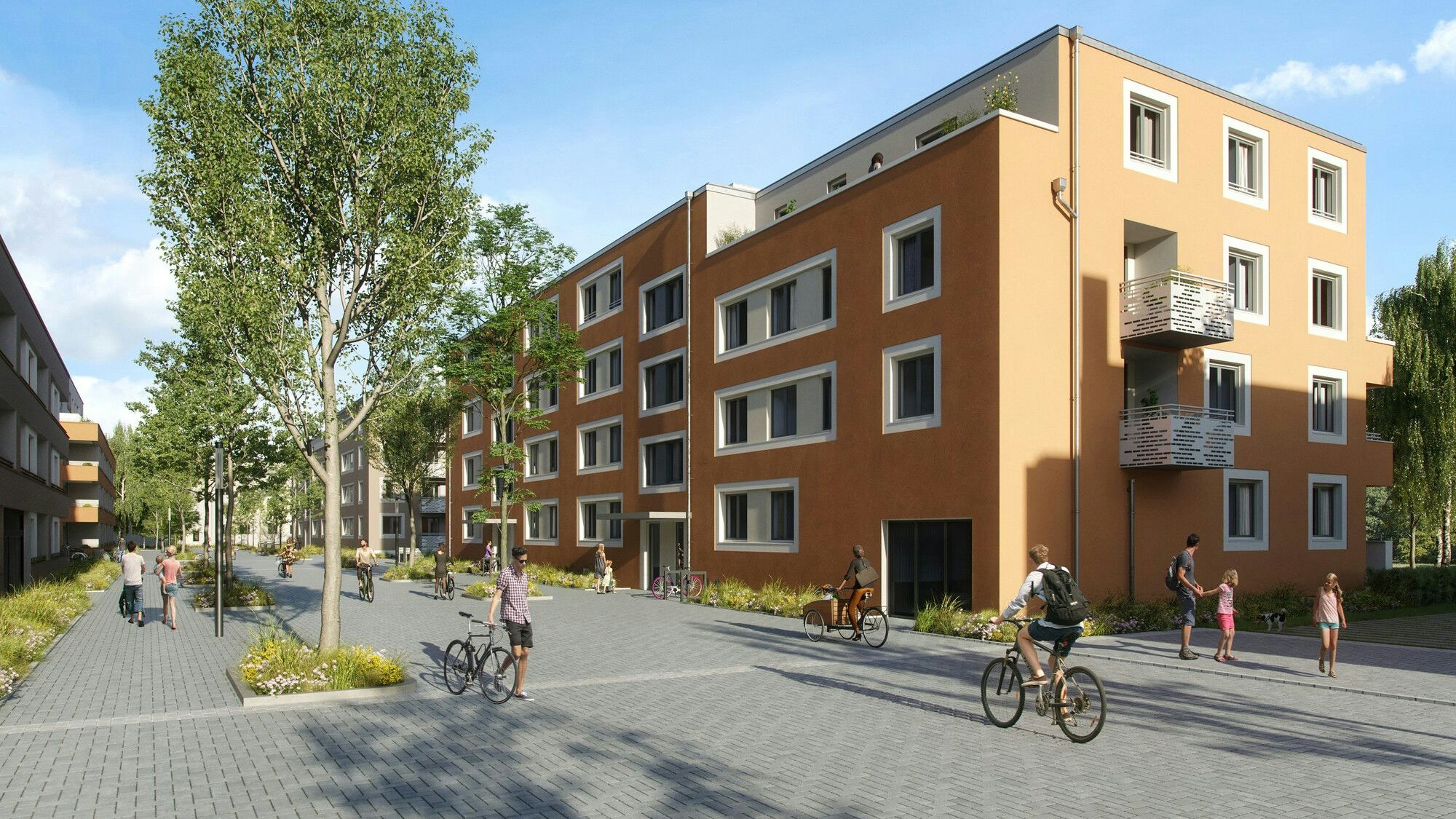 Visualisierung einer Neubau-Straßenreihe mit Radfahrern, Fußgängern und Bäumen.