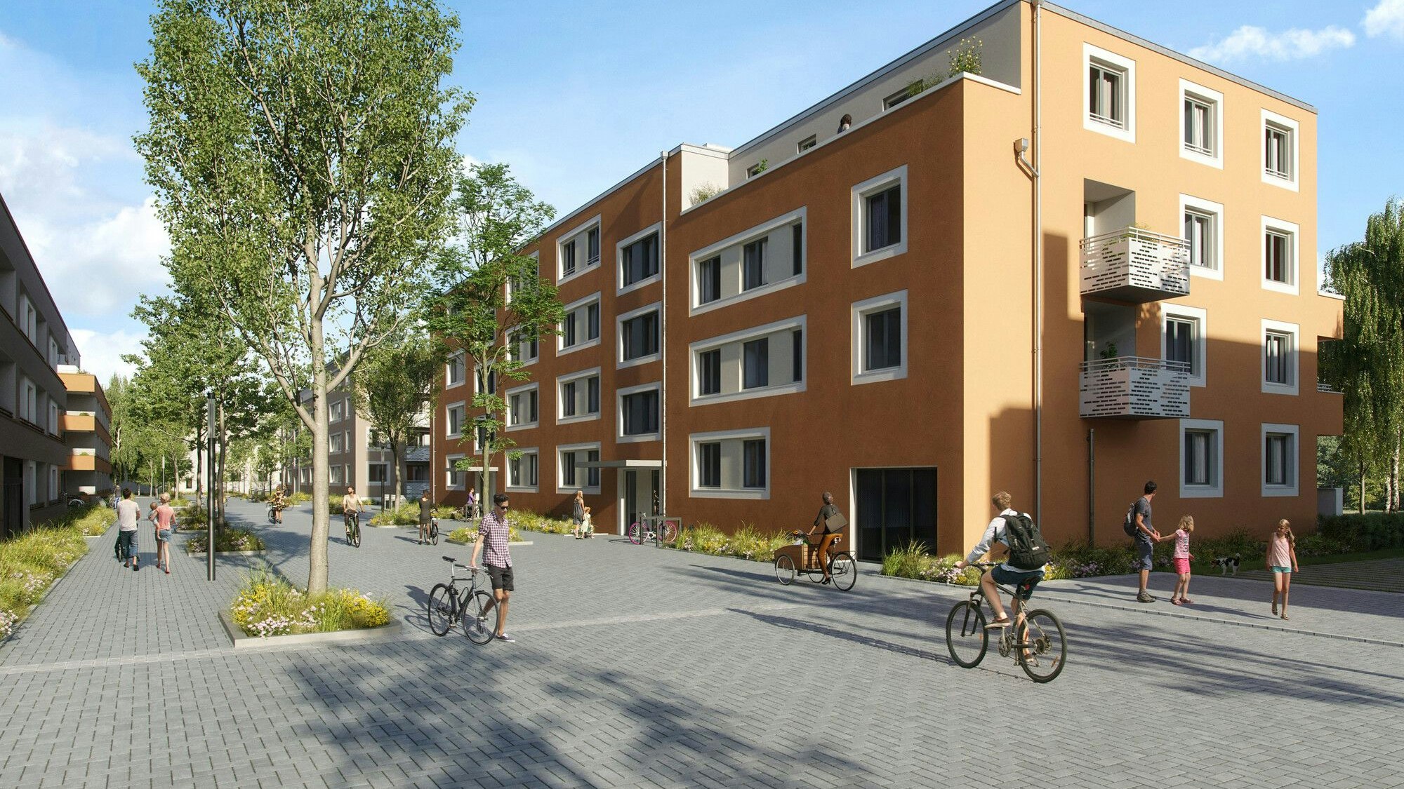 Neue Wohnblöcke und eine Straße mit Fußgängern und Radfahrern sind zu sehen.