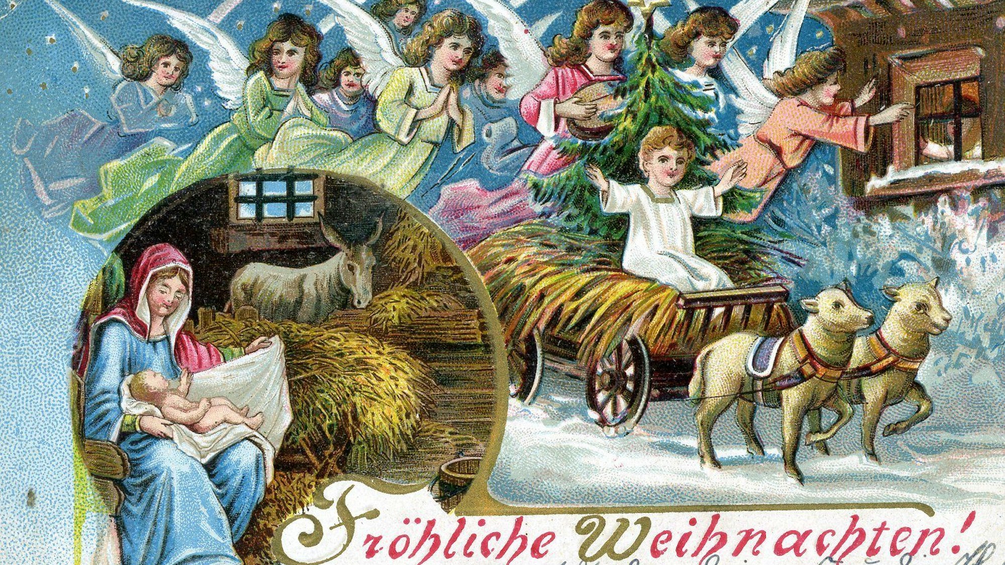 Die 1907 gelaufene Grußkarte zeigt zahlreiche Weihnachtsengel und Maria mit dem Jesuskind im Stall von Bethlehem