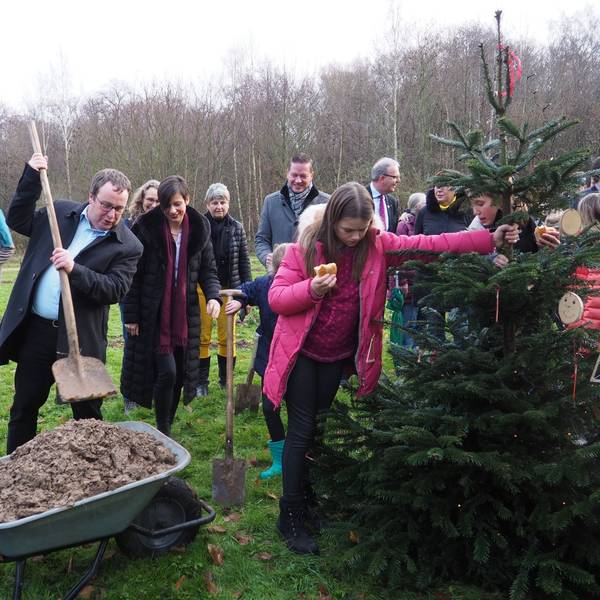 Viele Menschen stehen um einen Tannenbaum herum. Ein Mann schaufelt Erde aus einer Schubkarre.