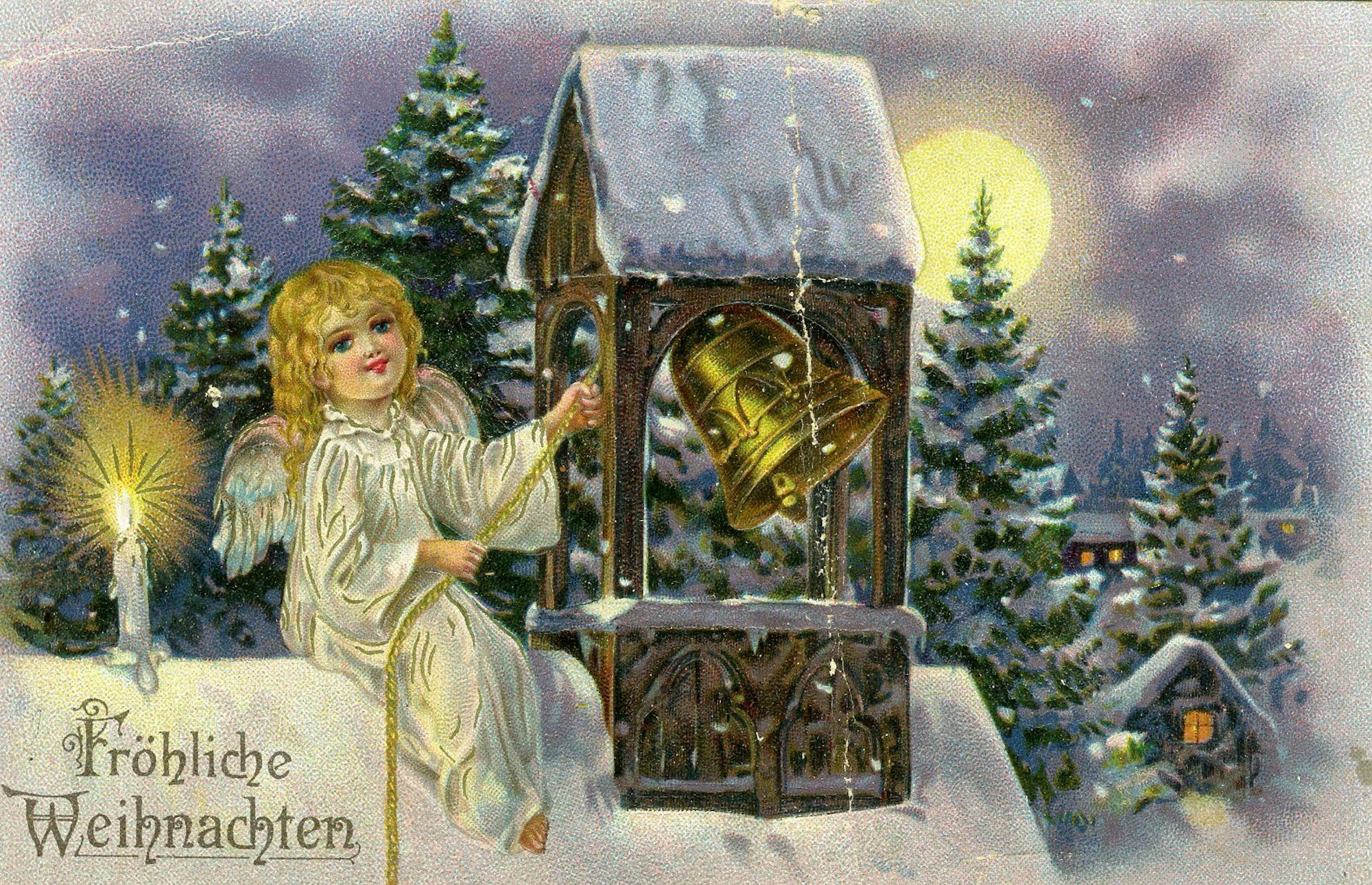 An Weihnachten 1905 wurde diese Grußkarte verschickt. Auf dem verschneiten Dach einer Kapelle läutet bei Kerzenlicht ein Engelchen die Glocke zum Heiligen Abend