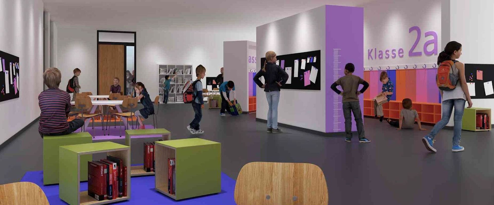 Kinder laufen durch einen Raum mit Stellwänden und Sitzgelegenheiten.