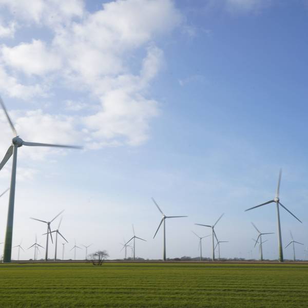 Man sieht ein Panoramafoto mit Windrädern, blauer Himmel mit wenig Wolken, sowie grüne Fleder.