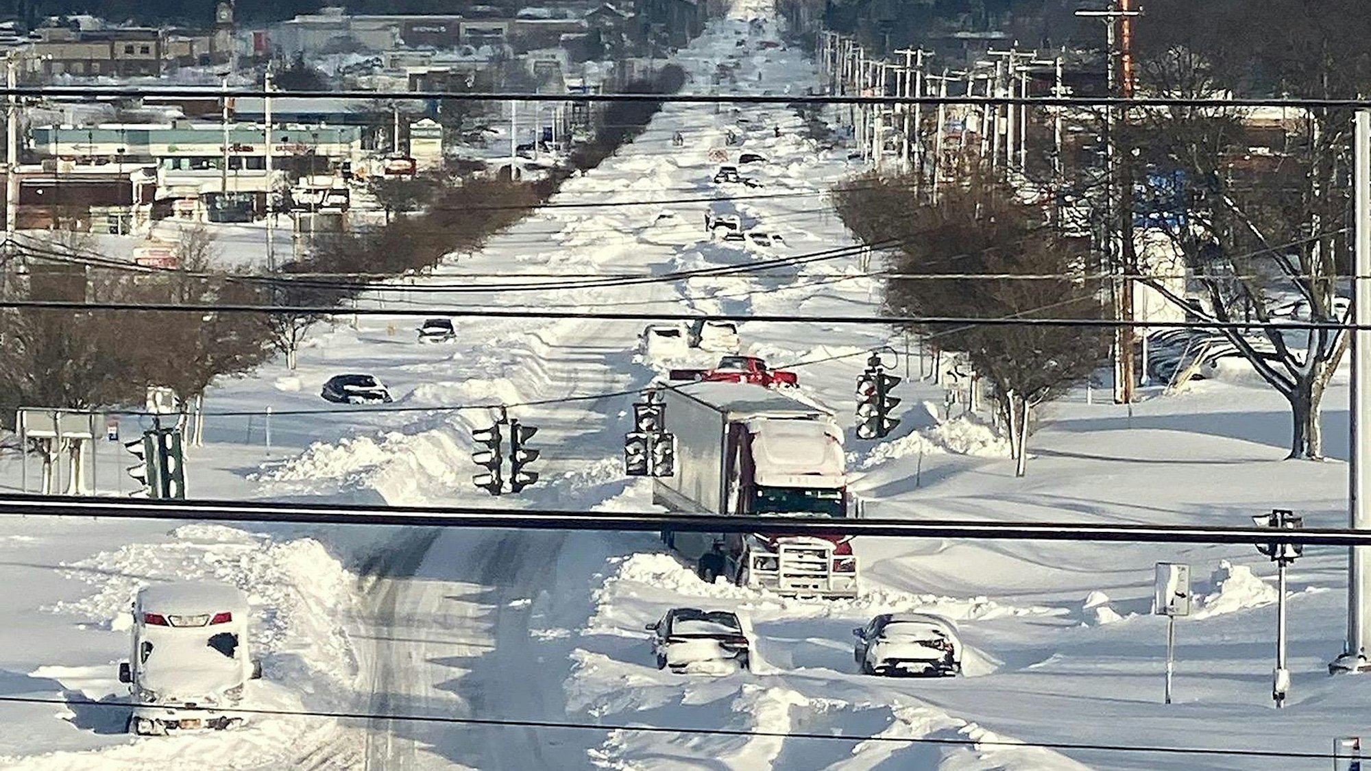 Es sind mehrere, vom Schnee bedeckte, Autos zu sehen.
