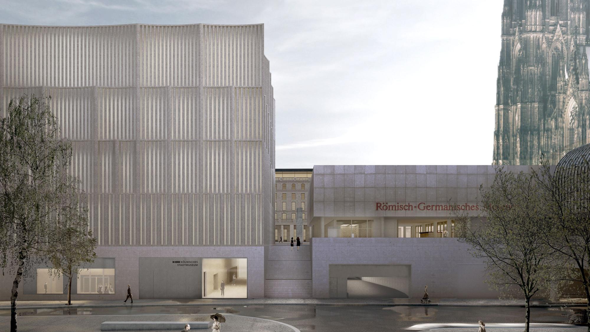 Die Abbildung zeigt eine Visualisierung der geplanten neuen Historischen Mitte gleich nebem dem Römisch-Germanischen Museum am Roncalliplatz. Die Historische Mitte ist in moderner Fächerarchitektur geplant mit einer Glasfront im Untergeschoss zur Straße. Auch der Dom ist hinter dem Museum zu sehen.