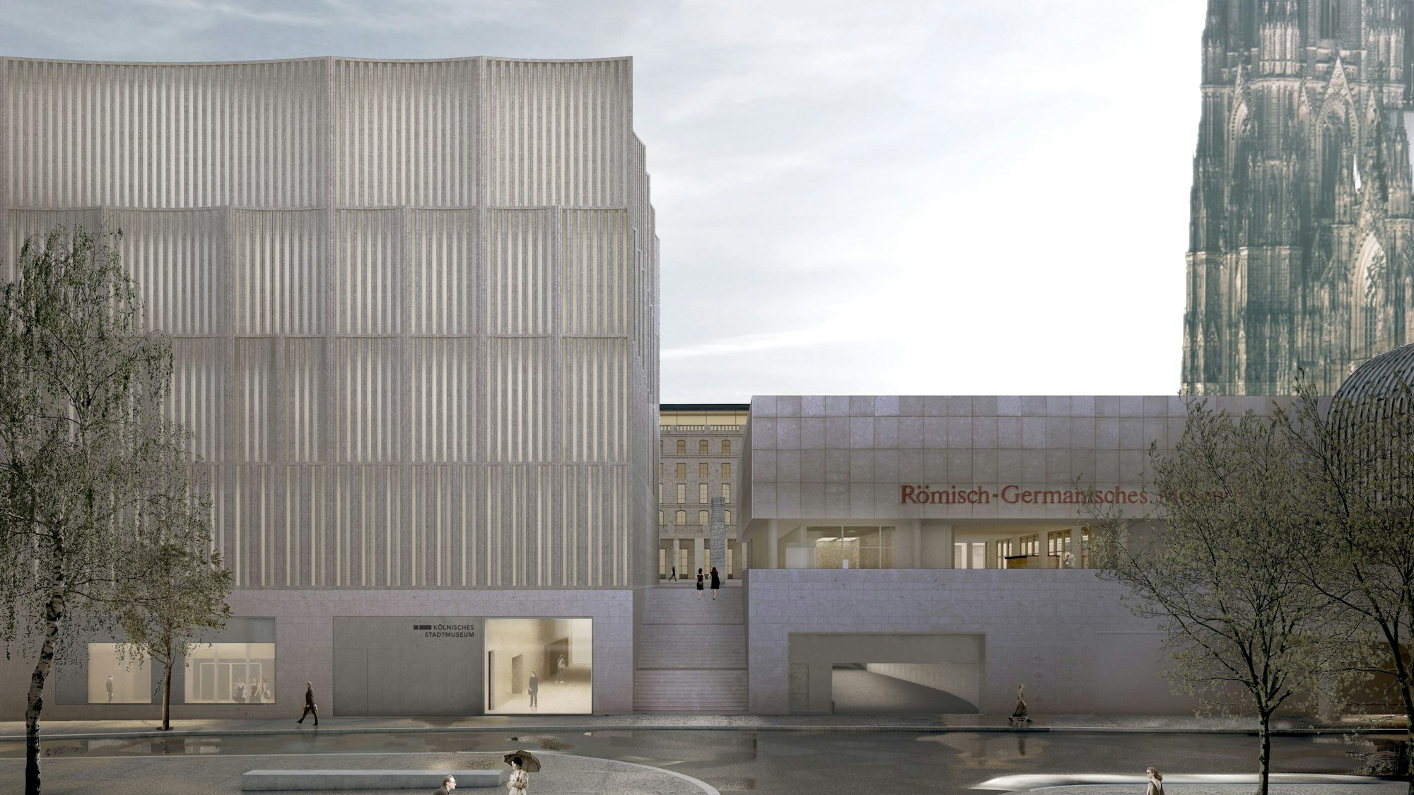 Die Abbildung zeigt eine Visualisierung der geplanten neuen Historischen Mitte gleich nebem dem Römisch-Germanischen Museum am Roncalliplatz. Die Historische Mitte ist in moderner Fächerarchitektur geplant mit einer Glasfront im Untergeschoss zur Straße. Auch der Dom ist hinter dem Museum zu sehen.