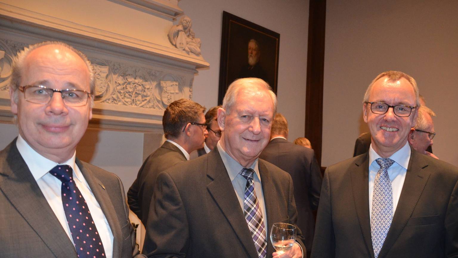 Willy Harren (Mitte) beim Barbaraempfang 2016. Neben ihm RWE-Power-Vorstandsvorsitzender Matthias Hartung (r.) und der CDU-Bundestagsabgeordnete Georg Kippels.
