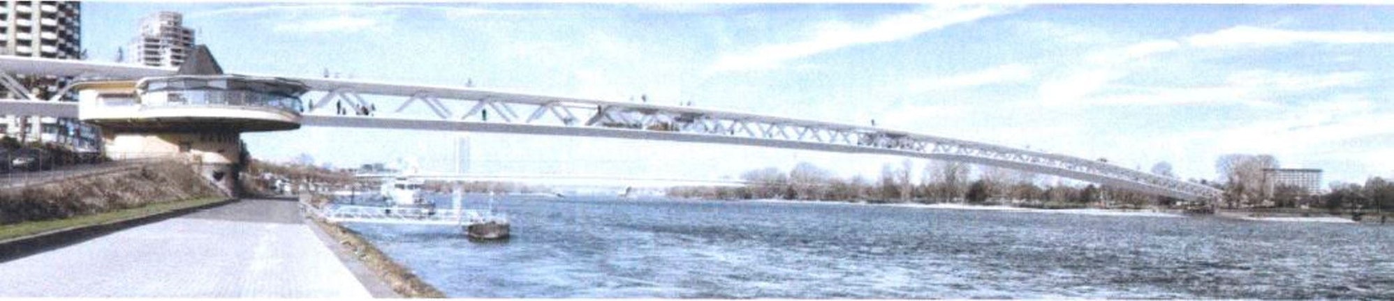 Eine Bogenbrücke auf zwei Ebenen führt von der Bastei auf der linken Seite über den Rhein zum Rheingarten im Rechtsrheinischen.