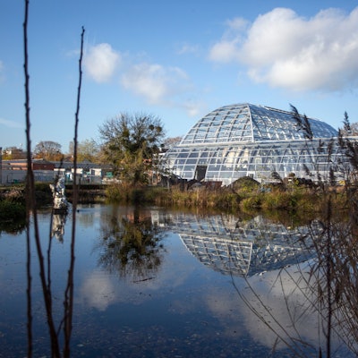 Das Stahlskelett der rampenförmigen Häuser siegelt sich im Wasser des davorliegenden Sees.