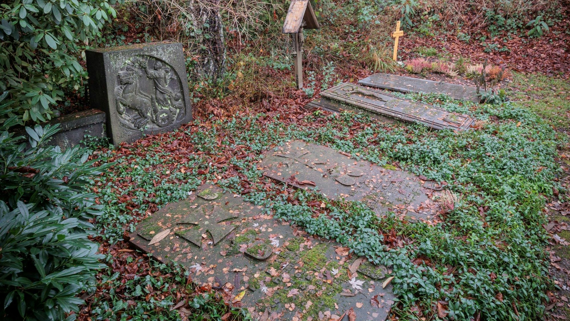 Grabsteine liegen auf einem von Bodendecker überdeckten Boden.