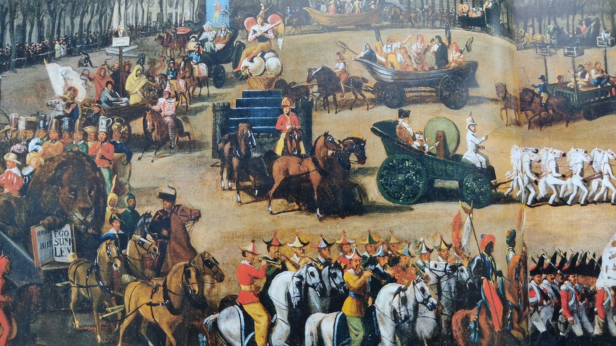 Während der Maskenzug auf dem Neumarkt Halt machte, prügelte sich der Pöbel daneben.