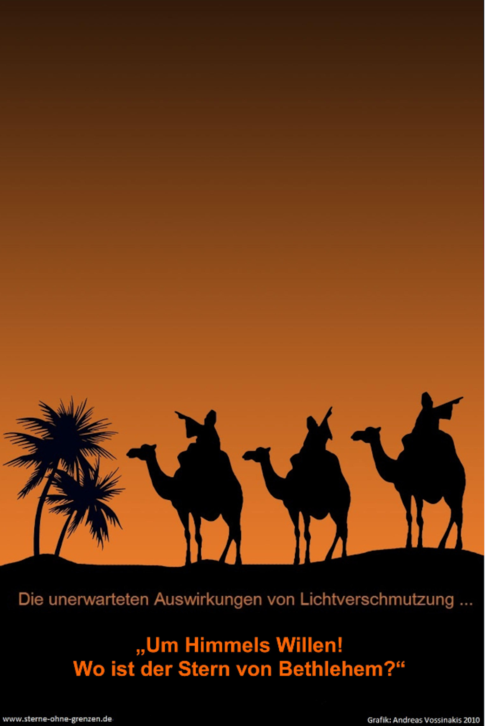 Die Grafik zeigt die drei Heiligen Könige, die den Stern von Bethlehem nicht finden können.
