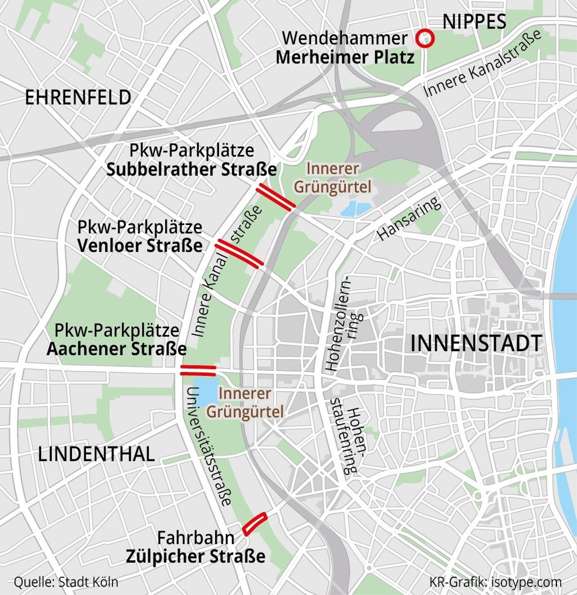 An diesen fünf Stellen im Inneren Grüngürtel Köln sollen Parkplätze und Straßenflächen entsiegelt und in Grünflächen umgewandelt werden.