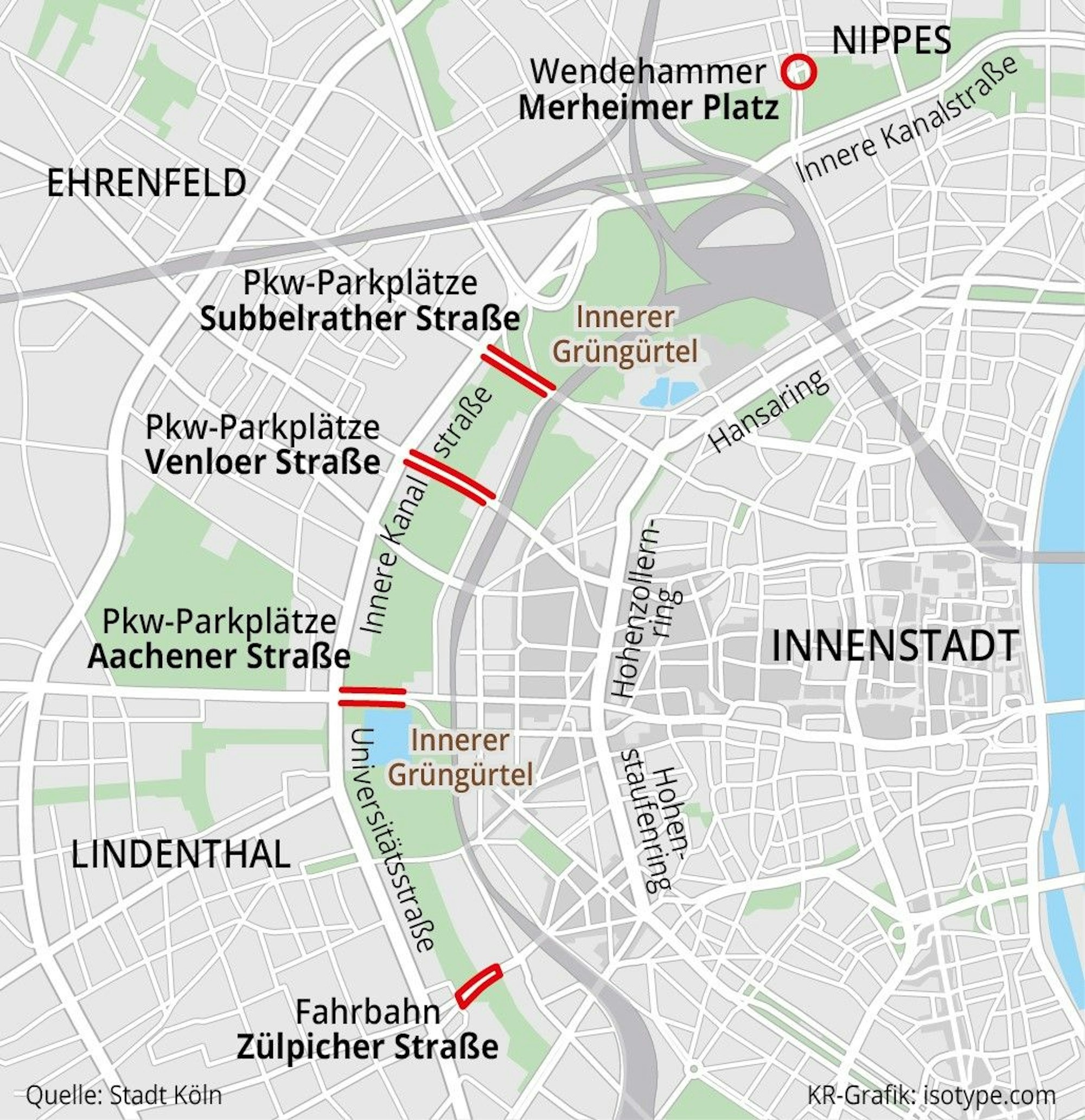 An diesen fünf Stellen im Inneren Grüngürtel Köln sollen Parkplätze und Straßenflächen entsiegelt und in Grünflächen umgewandelt werden.