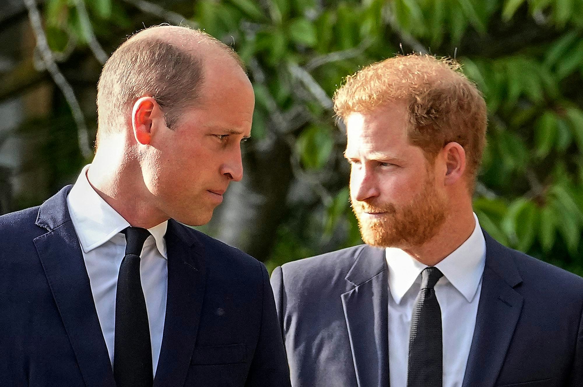 ARCHIV - 10.09.2022, Großbritannien, Windsor: Willim (l), Prinz von Wales, und der britische Prinz Harry, Herzog von Sussex, gehen nebeneinander, nachdem sie die Blumendekoration für die verstorbene Königin Elizabeth II. vor dem Schloss Windsor betrachtet haben. (zu dpa "Prinz Harry: William hat mich angeschrien und Charles hat gelogen") Foto: Martin Meissner/AP/dpa +++ dpa-Bildfunk +++
