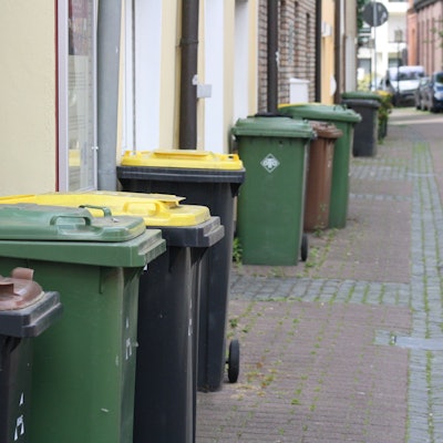 Mülltonnen stehen an einer Straße.