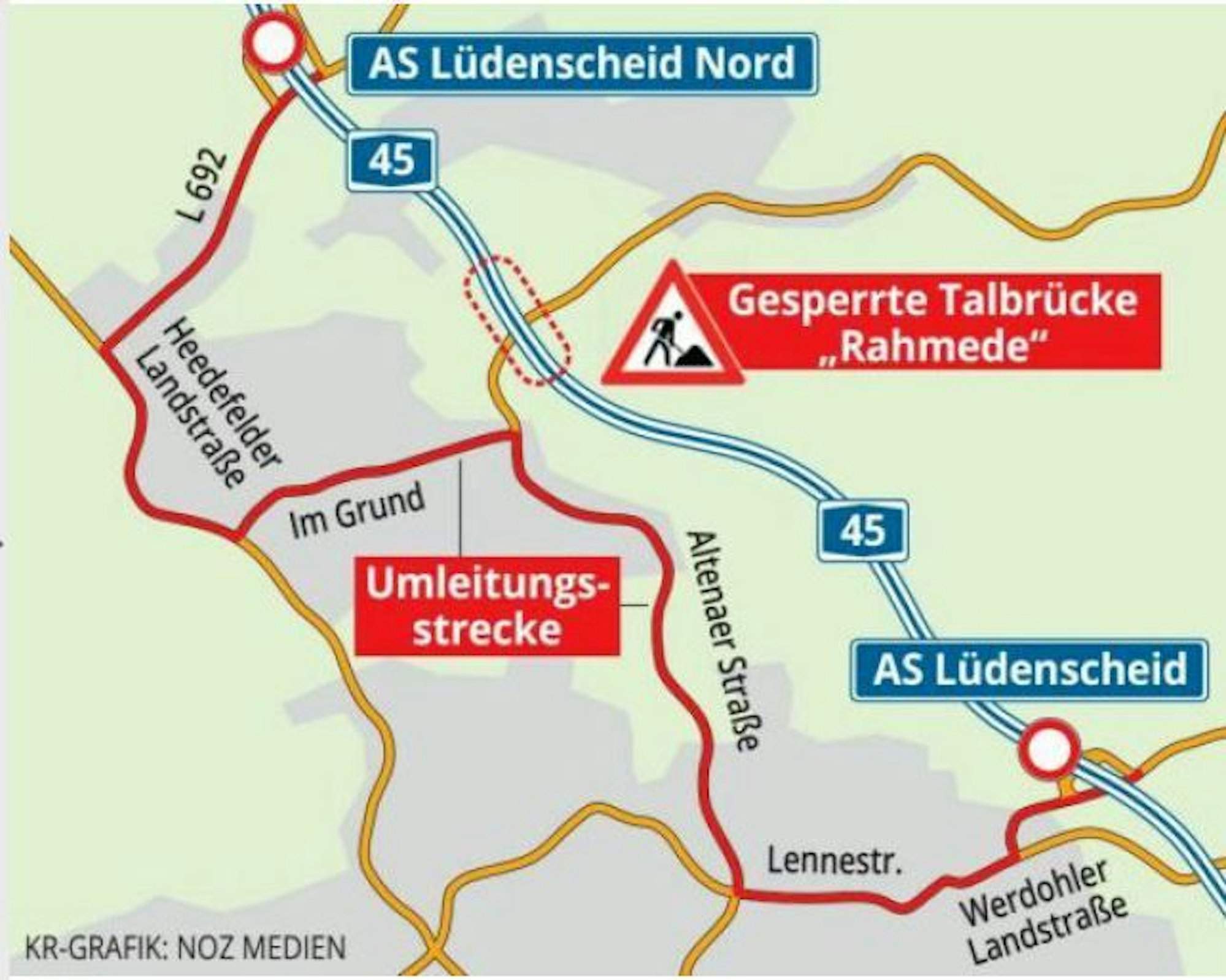Die gesperrte Rahmedetal-Brücke auf der A45 bei Lüdenscheid sorgt für große Verkehrsprobleme im Lüdenscheider Norden. Der Transit-Lkw-Verkehr wird seit mehr als einem Jahr über die Bedarfsumleitungsstrecke (rot markiert) teilweise auch durch Wohnviertel geführt.