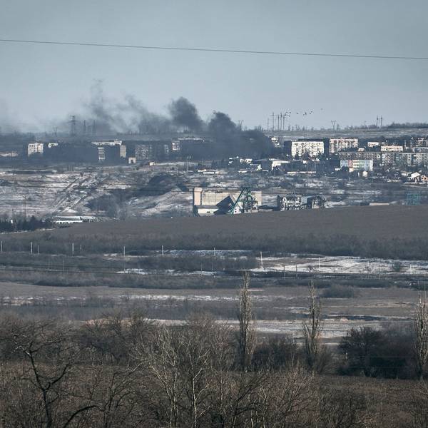 Smoke raises after shelling in Soledar, Donetsk region, Ukraine, Wednesday, Jan. 11, 2023. (AP Photo/Libkos)