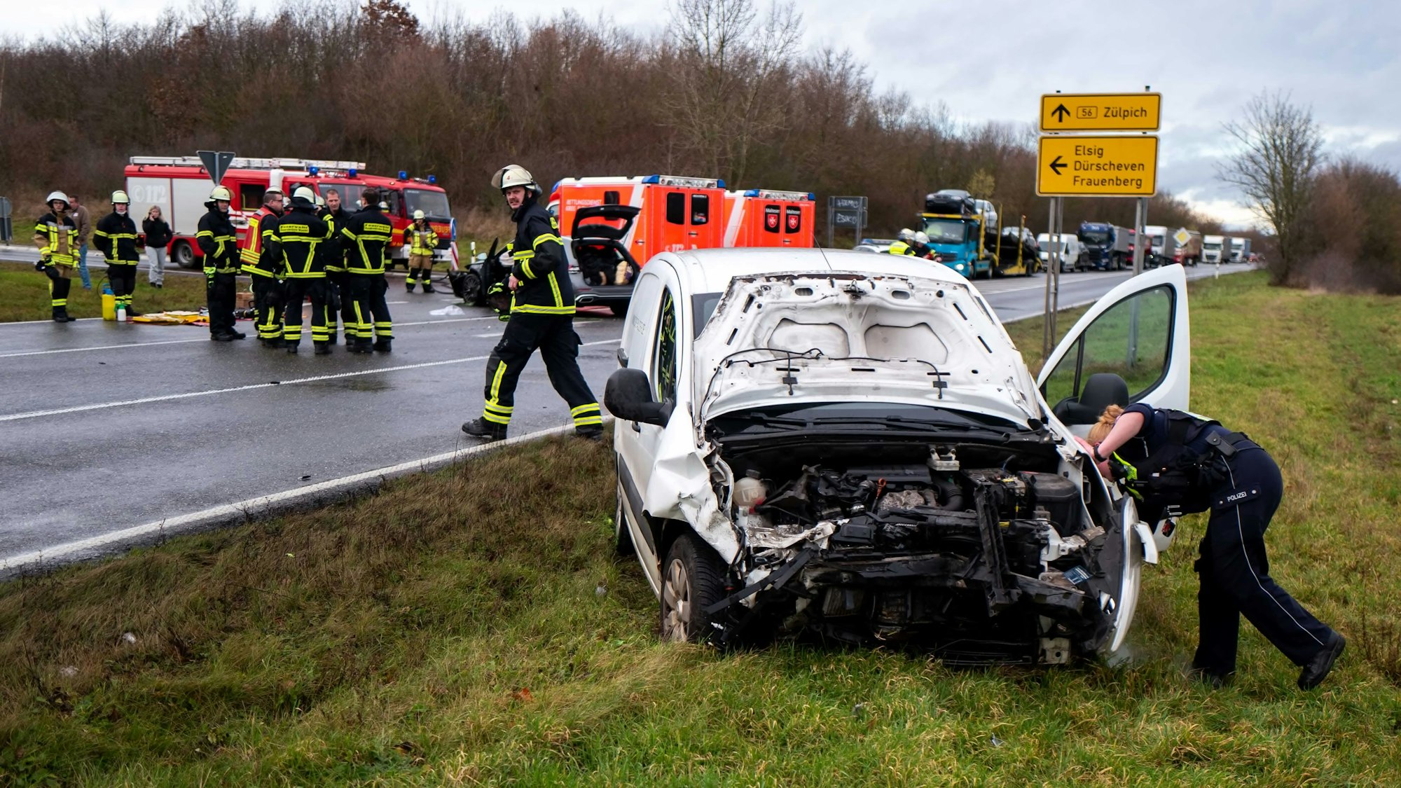 Ein Auto steht stark beschädigt mit offener Motorhaube auf einem Grünstreifen neben einer Straße.