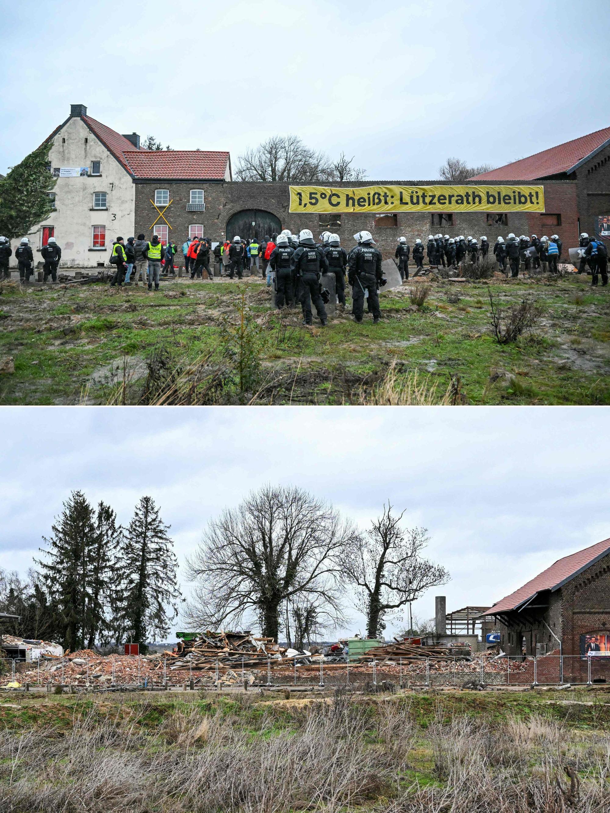 Der Hof von Eckhard Heukamp in Lützerath vor und nach der Räumung